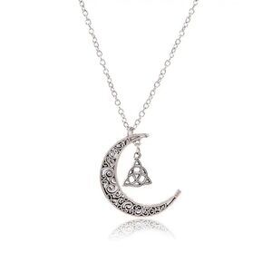 Silver Crescent Moon Irish Celtics Triquetra Knot Pendant Necklace Amulet
